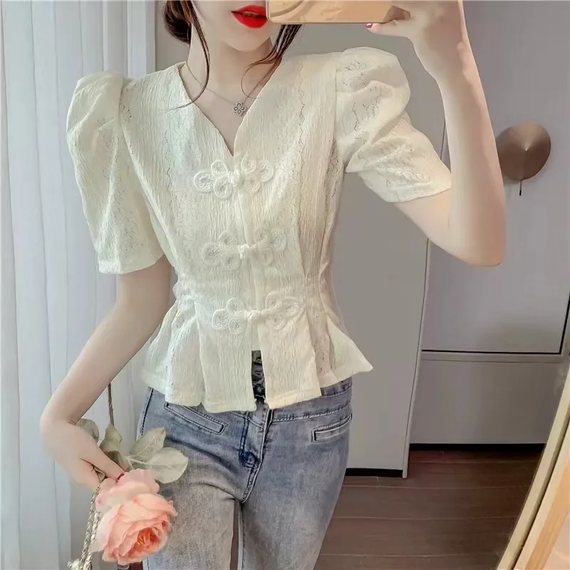 Summer Women's Chinese Style Cheongsam Buckle Blouse Puff Sleeve V Neck Lace Peplum Top
