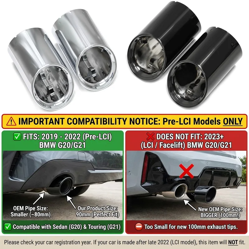 For BMW 3 Series G20 G21 2019-2022 320i 320d 330i 330e OEM Style Exhaust Tip Cover Tailpipe Trim Round Outlet