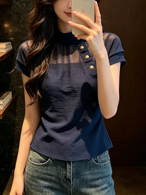 

Unique Fashionable Large Size Shirt Women's Summer New Style Ultraviolet Blue French Style Loose Fit Button up Short Sleeve