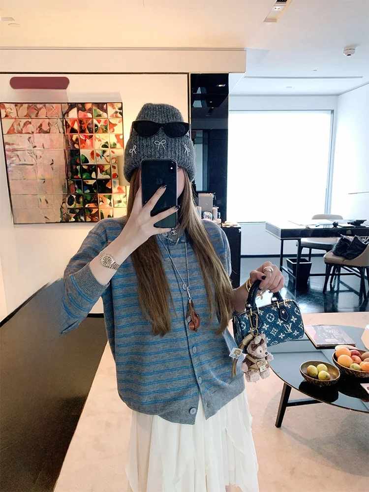 

Женский вязаный кардиган Luu Color Blo в полоску, свободный крой, длинный рукав, весна-осень, с эффектом похудения, уникальный дизайн, корейский стиль