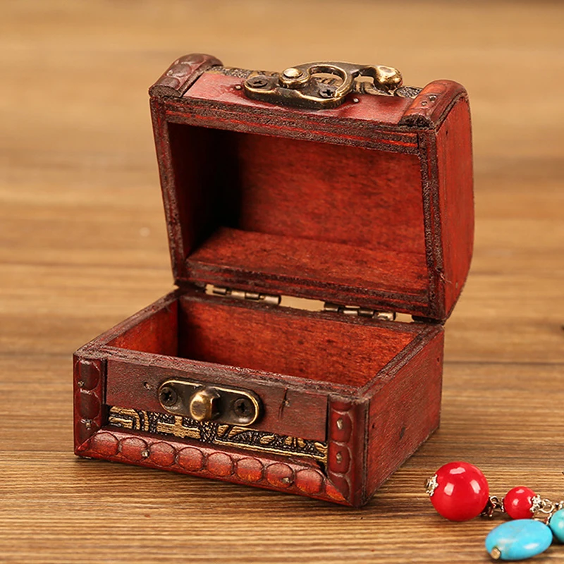 1PC Antique Mini Wood Treasure Chest Storage Box Jewelry Organizer Box Gift Box