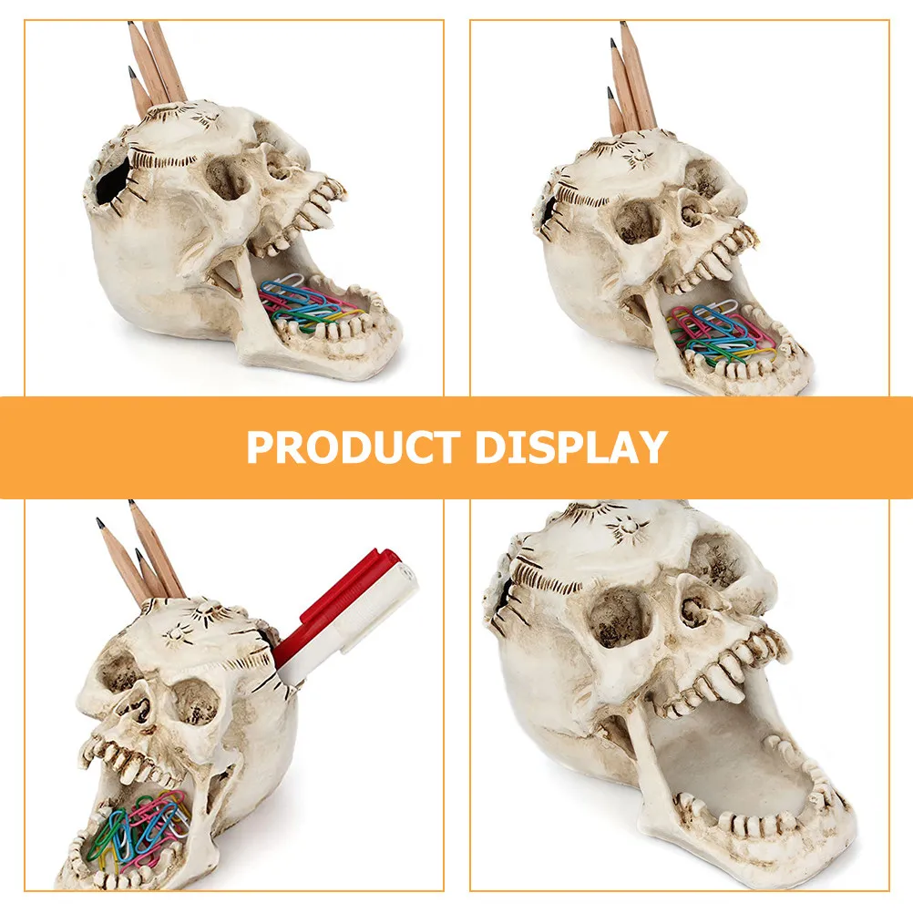 Skull Pen Holder Resin Desktop Organizer for Pens Pencils Makeup Brushes Stationery Storage Decorative Brush Pot Halloween Gift