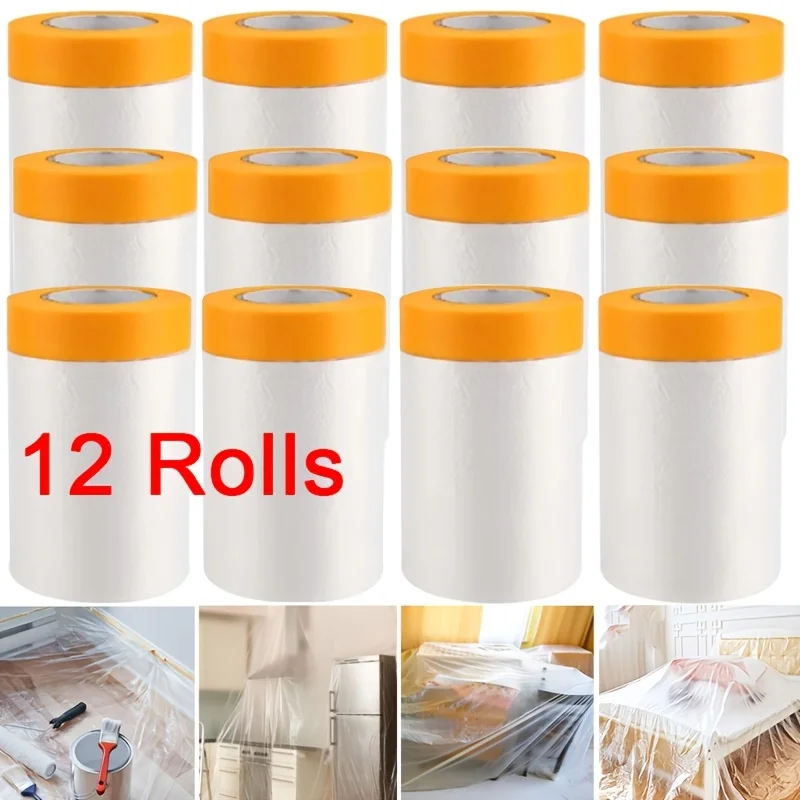 4Pcs Pre‑Taped Masking Film, Integrated Masking Paper Dust‑Proof Paint Protective Cover Film for Home Painting Decoration