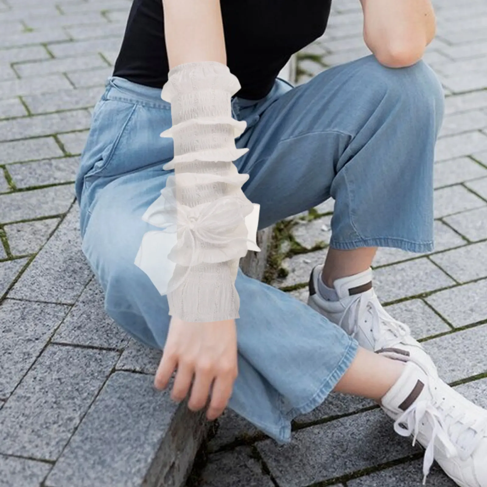 1組-バレエ風-冷感アームスリーブ-レディース-uvカット-シースルー-チュール-リボン付き-日焼け防止スリーブ-通気性-アイス素材