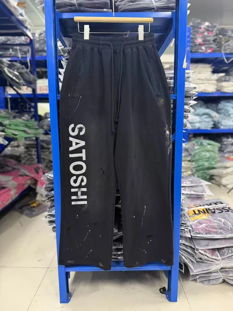 Splash Ink Graffiti Printing Satoshi Nakamoto Mens Sweatpants Pure Cotton Washed Black Drawstring Sports Pants