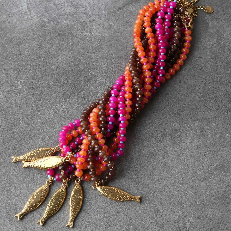 2026 new Fashion Design Big Fish pendant natural stone rose red beads on an abacus Chain Necklace go to Beach for woman