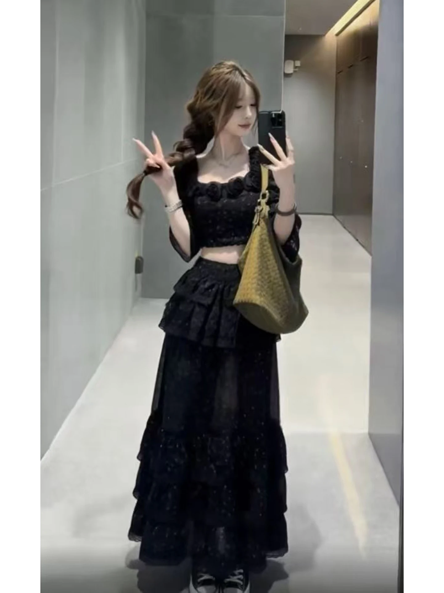 

Rose Print Lace Top And Skirt Set Women's Fashion Spring 2026 Slimming High Waist Half Body Skirt Two Piece Set Elegant Feel