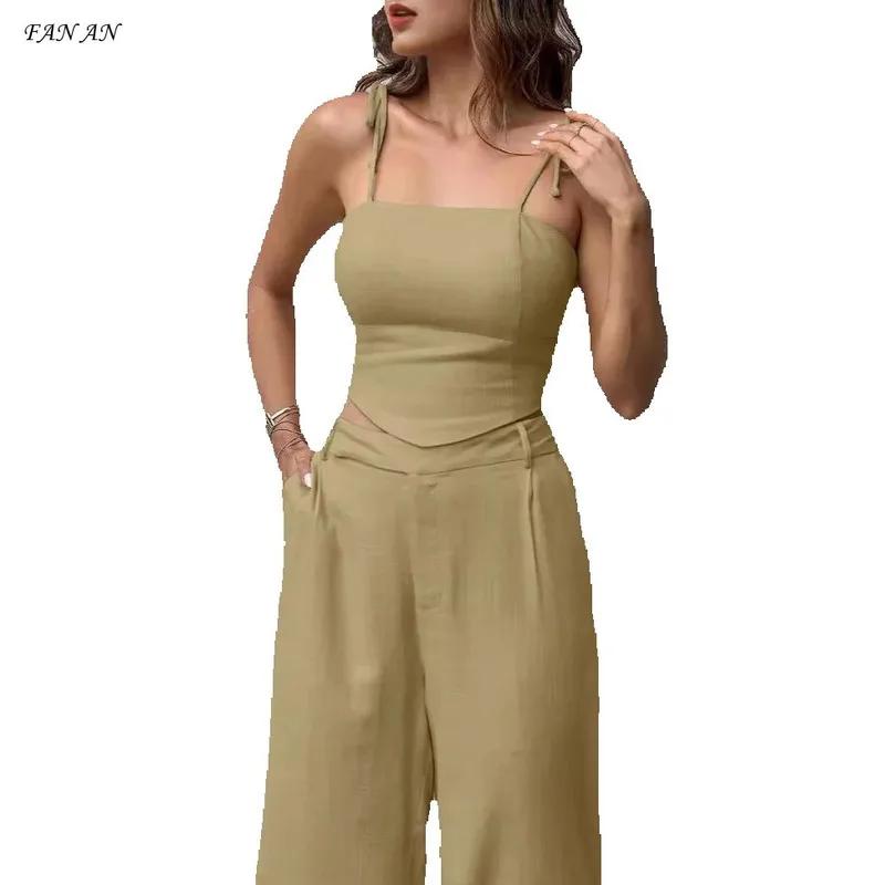 

Fashion New Halter Top Bra Halter Short Jacket High Waist Wide Legs Long Pants Two-piece Summer Autumn 2024 Commuter Ladies Suit