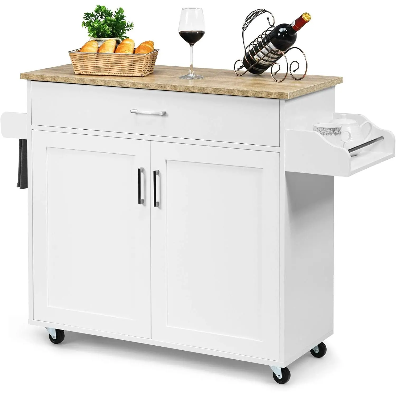 Carrito de cocina con portarrollos y tablero para especias, isla de cocina con cajón y estante de altura ajustable
