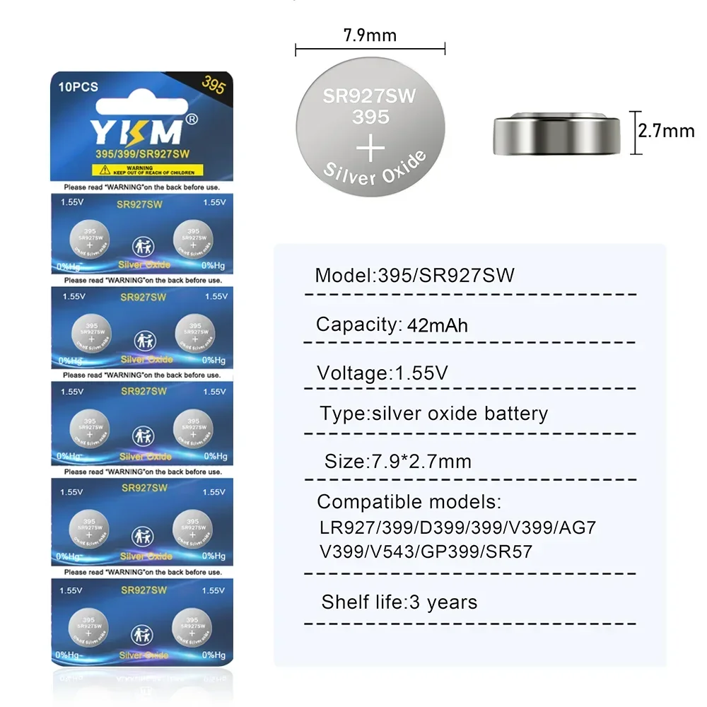 10-40PCS 395 399 SR927SW Watch Battery LR927 AG7 SP395 LR57 1.55V Silver Oxide Battery for Calculator Toy Remote Button Battery