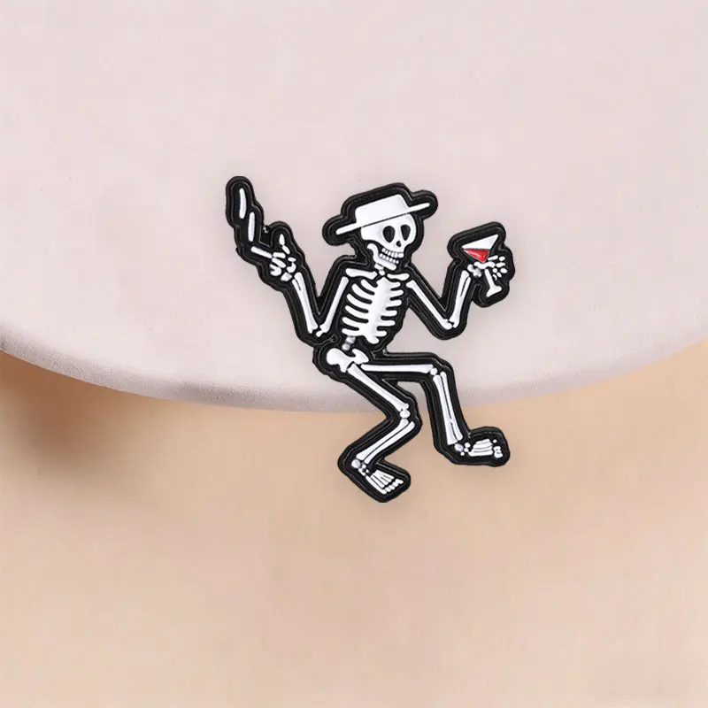Dancing Skeleton With Cigar And Cocktail Enamel Pin, Old School Tattoo Brooch for Halloween And Rock Style