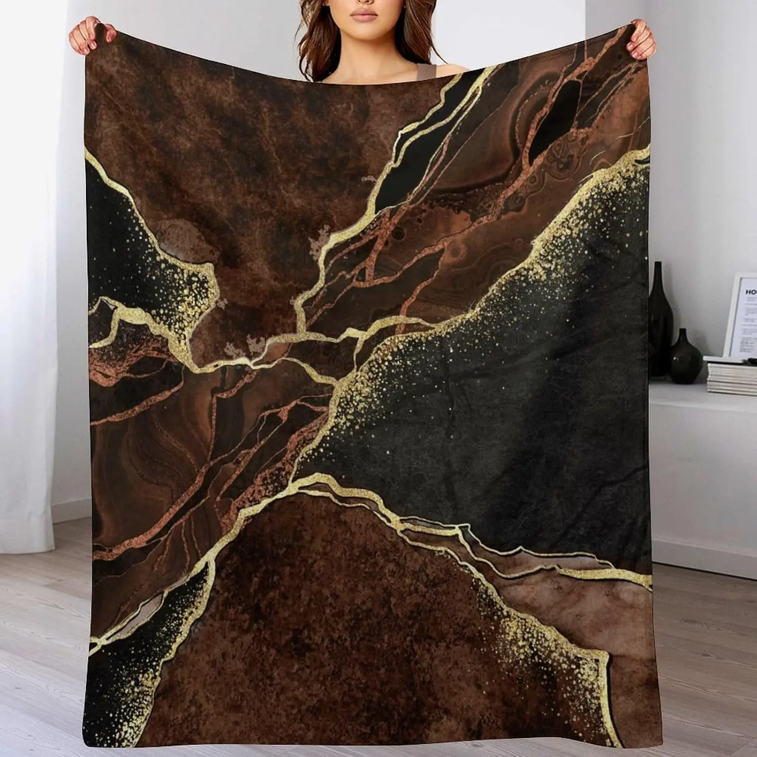 Brown Black Marble Gold Foil Vein Abstract Print Flannel Throw Blanket Soft Warm Sofa Bedroom Luxury Modern Home Decor Gift