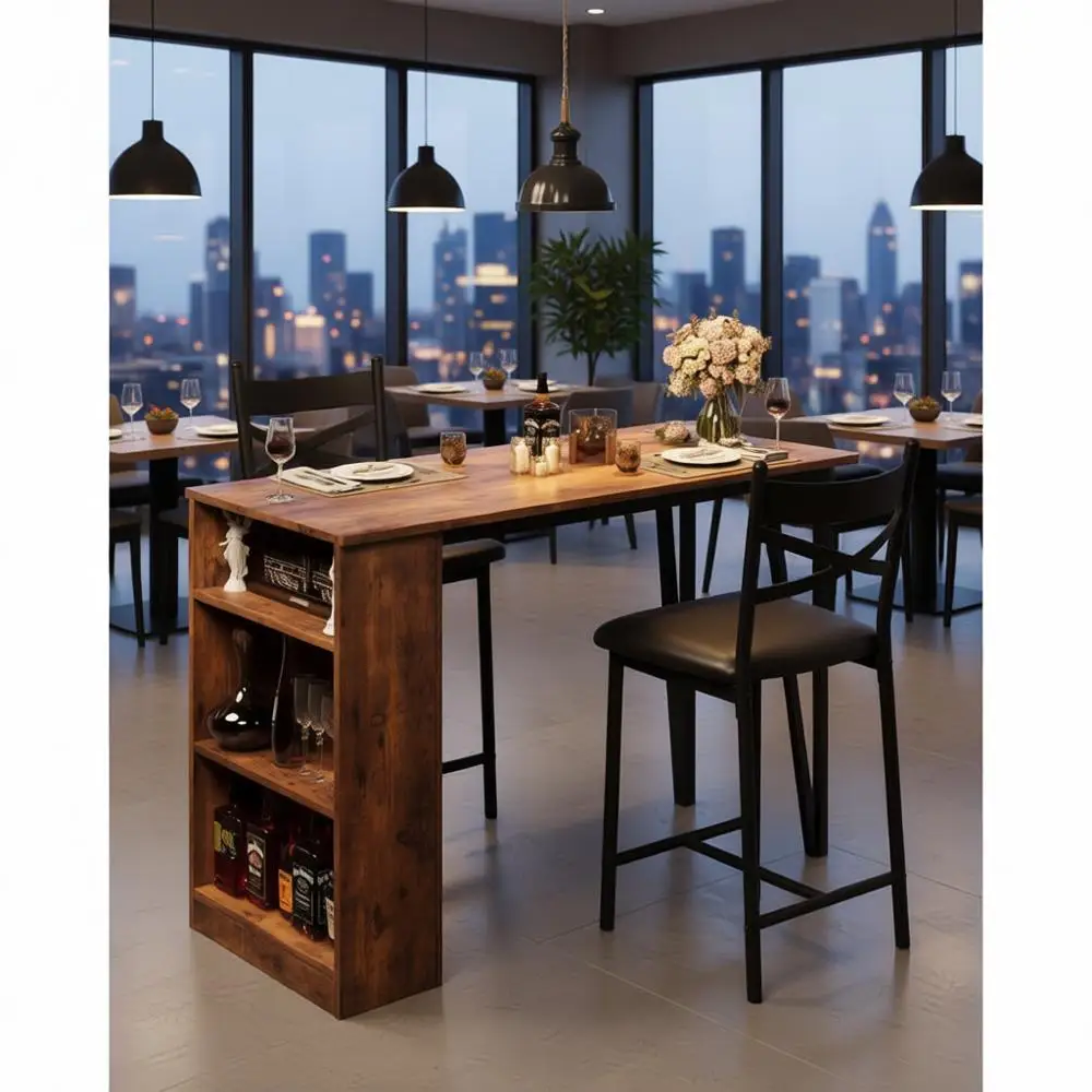 

Комплект из 3 предметов: барный стол с выдвижной столешницей и полками для хранения, обеденный стол для небольшой кухни, коричневый