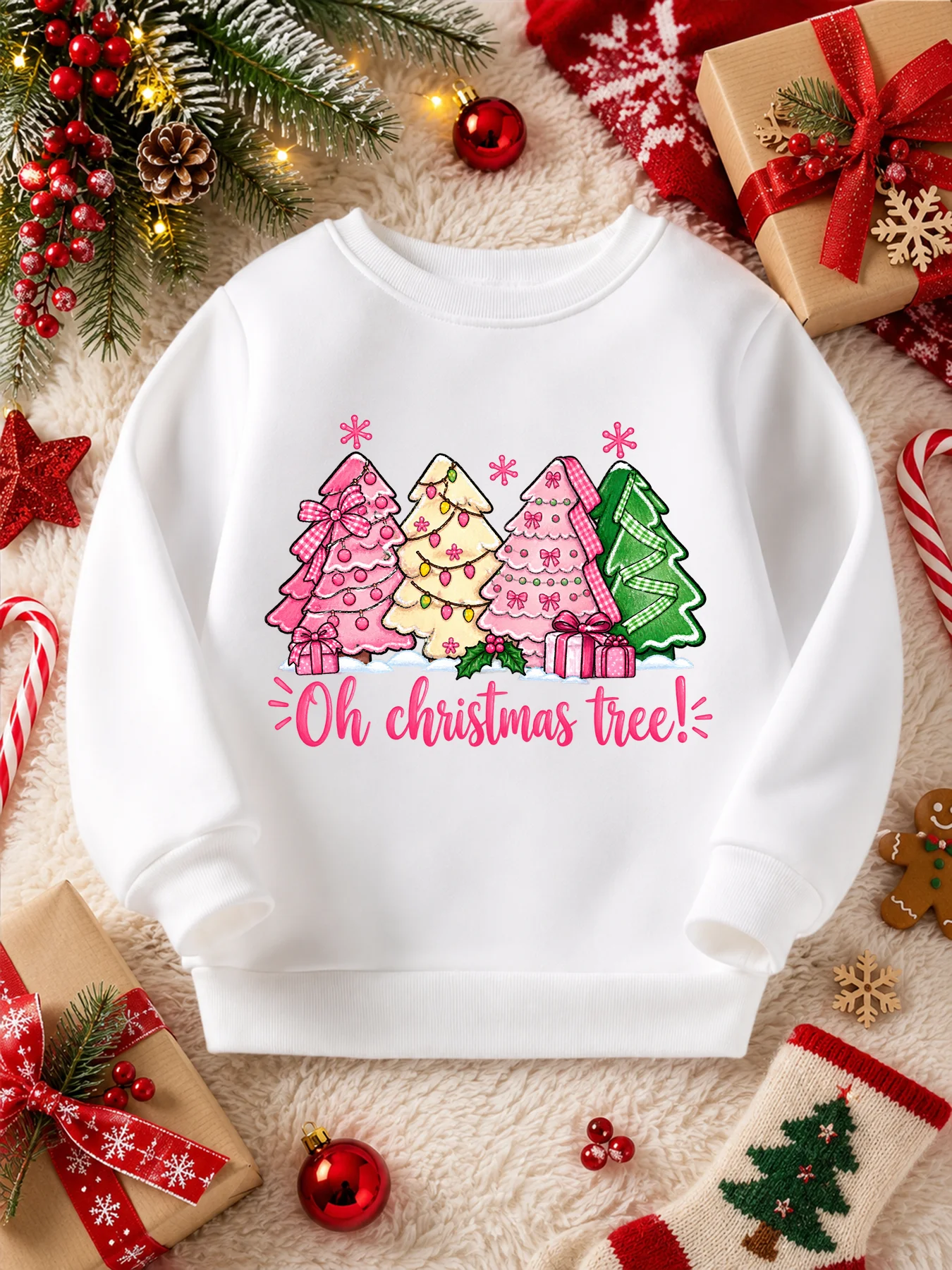 Girls Sweatshirt With Christmas Lights Tree Print, 100% Cotton Kids Crew Neck Long Sleeve Pullover, Girls Christmas Outfit