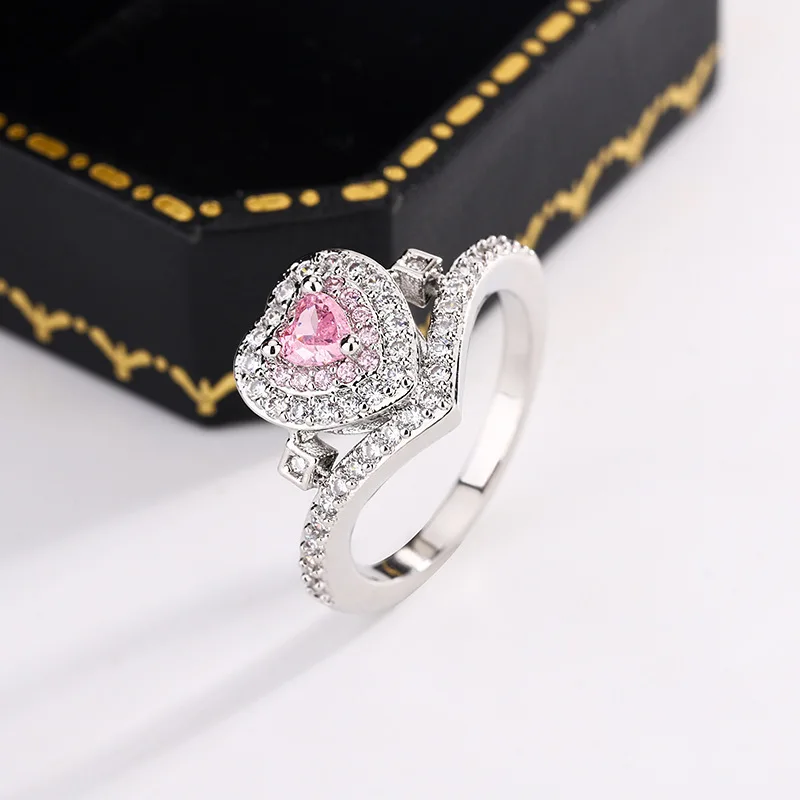 New Luxury Double-layer V-shaped Heart-shaped Pink Ring Women's Niche Design Gift Jewelry Wholesale