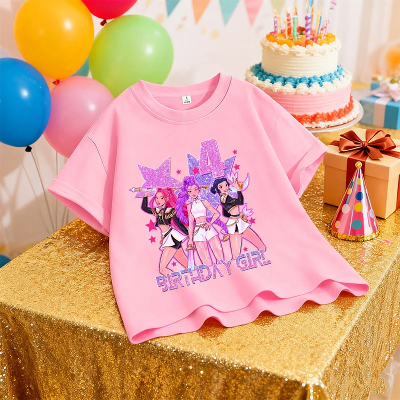 

KPop Demon Hunters Birthday T-shirt Girl Kawaii Anime Pattern Short Sleeve Children's Fashion Cartoon Tee Top Home Clothing Gift