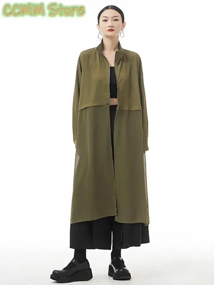 Women Army Green Big Size Mesh Long Trench New Stand Collar Long Sleeve Windbreaker Fashion Spring Autumn