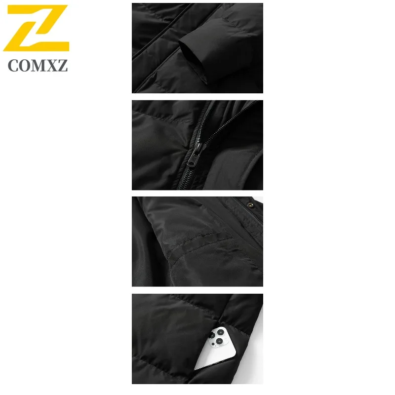 COMXZ Men Long Down Jacket Splicing Hood 90 percent White Duck Down Warm Parka Snow Travel Lightweight Autumn Winter windbreaker
