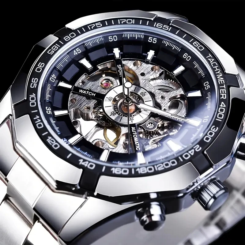 Luxuriöse Automatikuhr für Herren mit Skelett-Design - Edelstahlarmband, Rundes Zifferblatt, Herrenuhr, Automatikwerk, Hochwertiger Sportlicher Stil, Uhr mit offenem Gehäuse |   Skelett-Uhr |