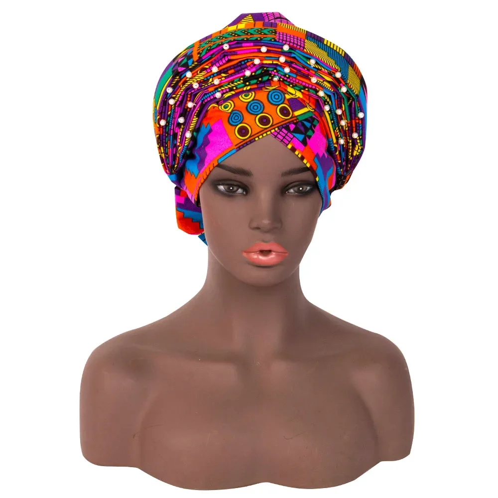 

African Turban Pre-Tied Head Wrap for Black Women Cap Head Wraps Beaded Headscarf Beanie Wrap wyb842