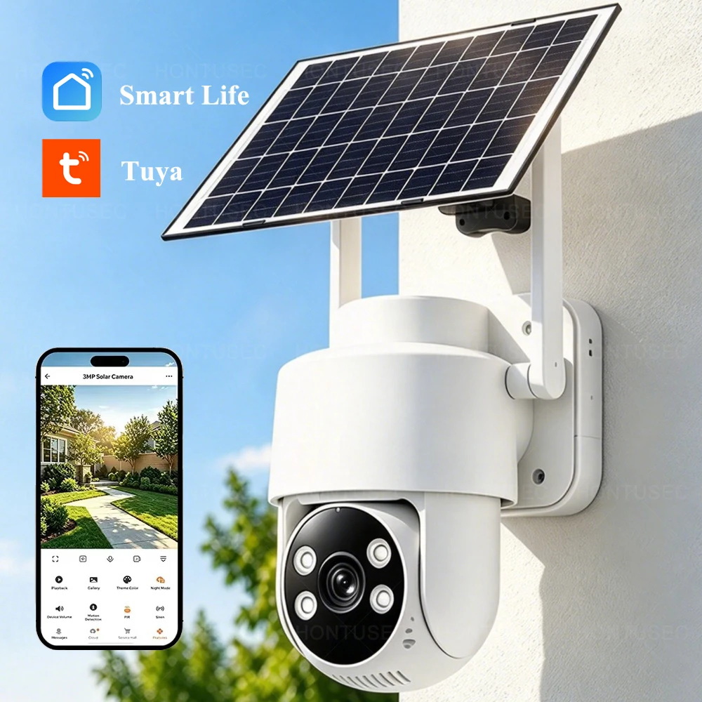 Tuya Smart Life Solar Powered WiFi Camera 3MP Outdoor Waterproof Motion Detection Color Night Vision Siren Alarm Security Camera