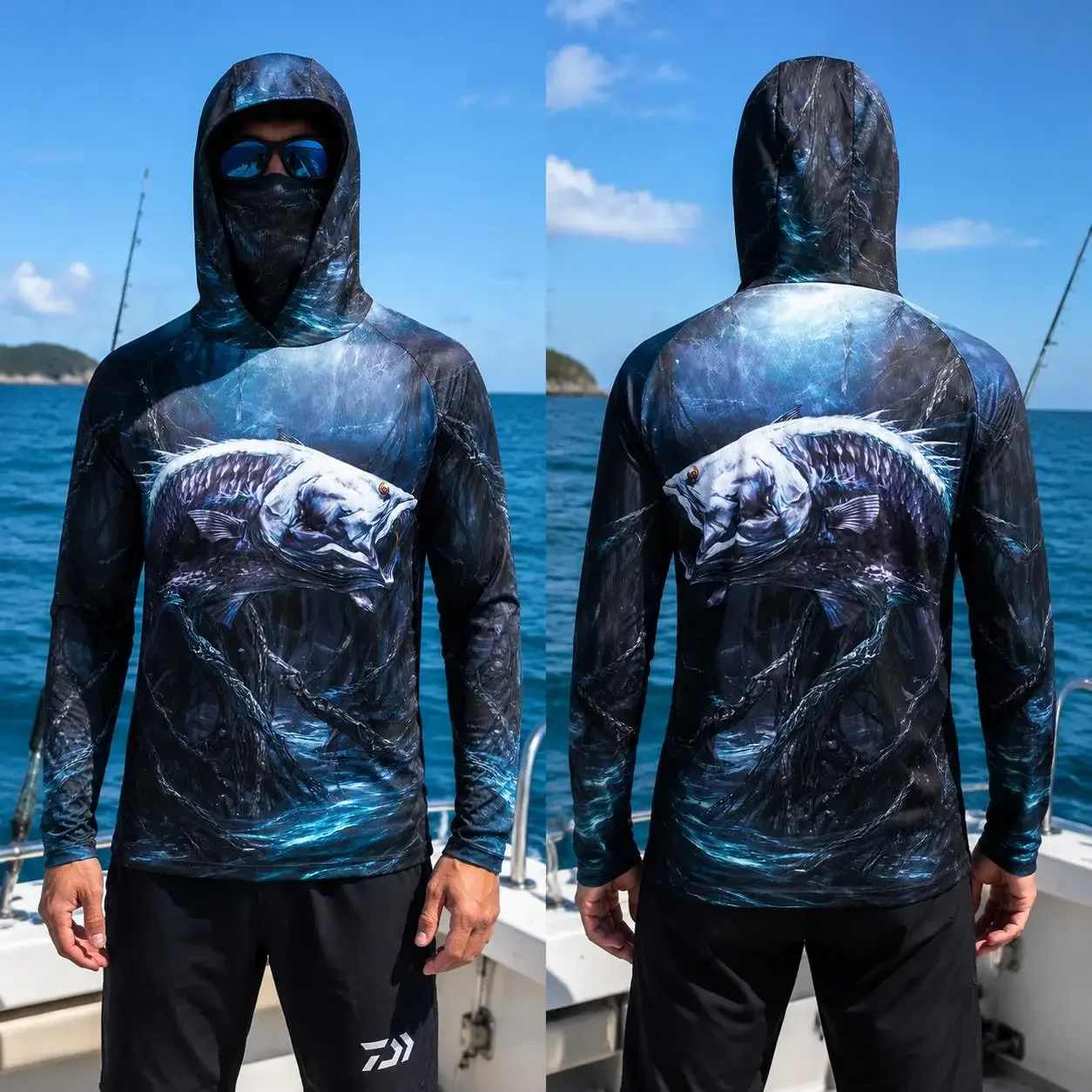 Herren Angelhemd mit Kapuze, UPF50 Sonnenschutz, Gesichtsschutz, langärmlig, Wasserdicht, Tarnmuster, schnelltrocknend, für Outdoor-Angelaktivitäten, UV-Schutz – Detail 5