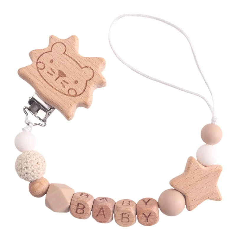 

Wooden Baby Pacifier Clip, Cute Lion & Star Design, Anti - Drop Soother Holder, Natural Wood & Silicone Beads, Infant Essentials