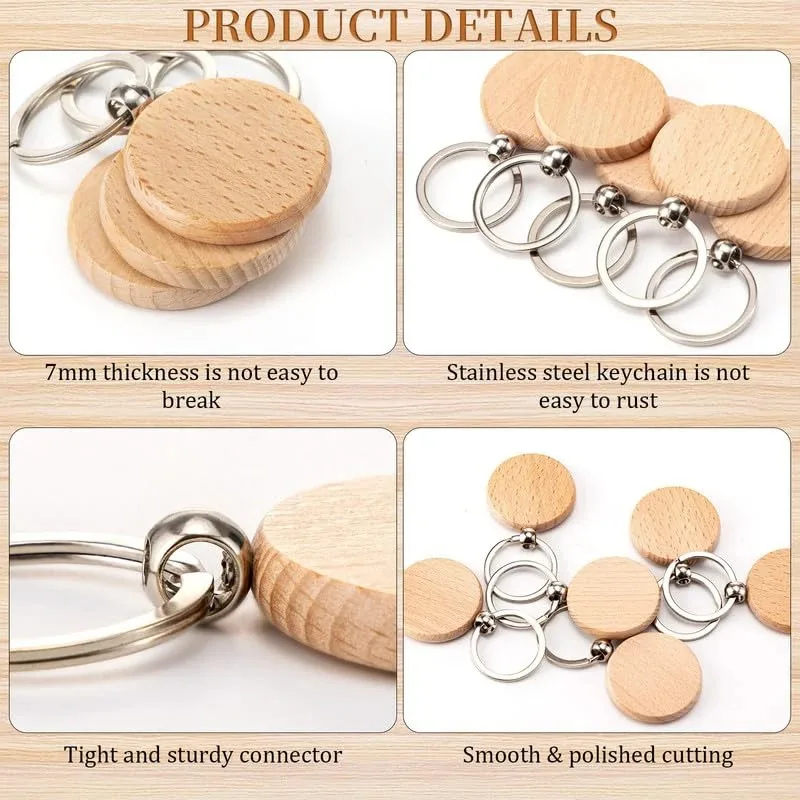 100Pcs Round Wooden Key Ring Portable Beech Keychain