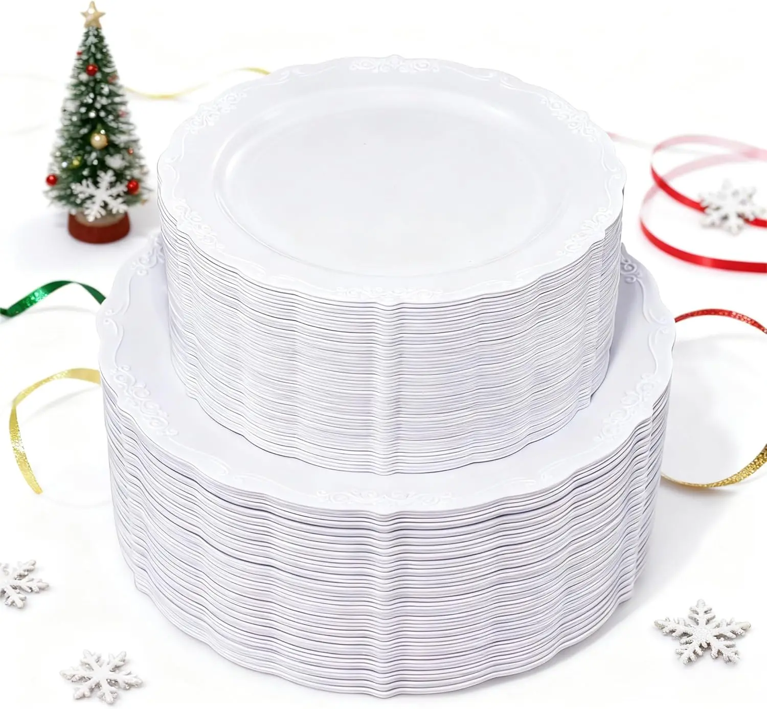 

Набор 100 белых одноразовых пластиковых тарелок — 50 обеденных и 50 десертных тарелок для рождественского и вечеринки.