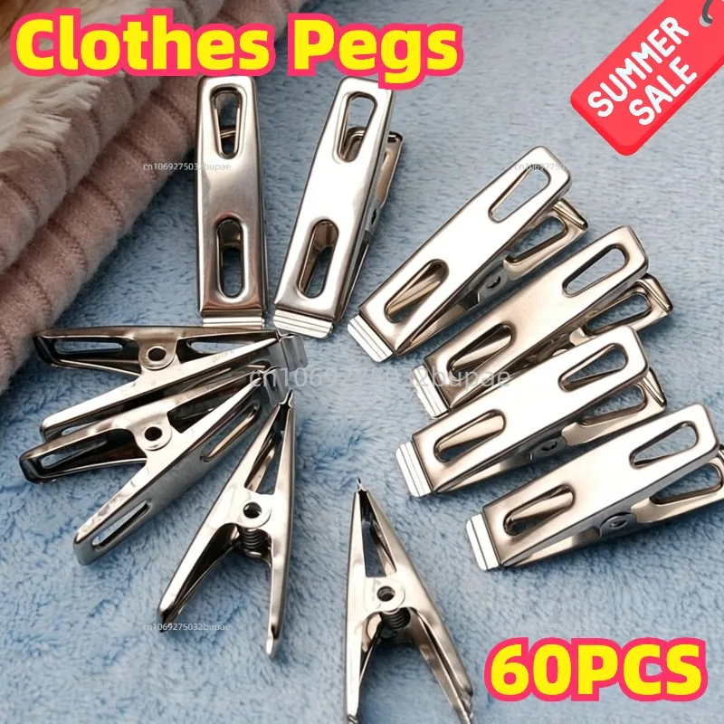 60pcs Clothes Pegs Stainless Steel Laundry Clips Non-Slip Windproof Metal Clamps Laundry Clips Drying Clothes Hanger