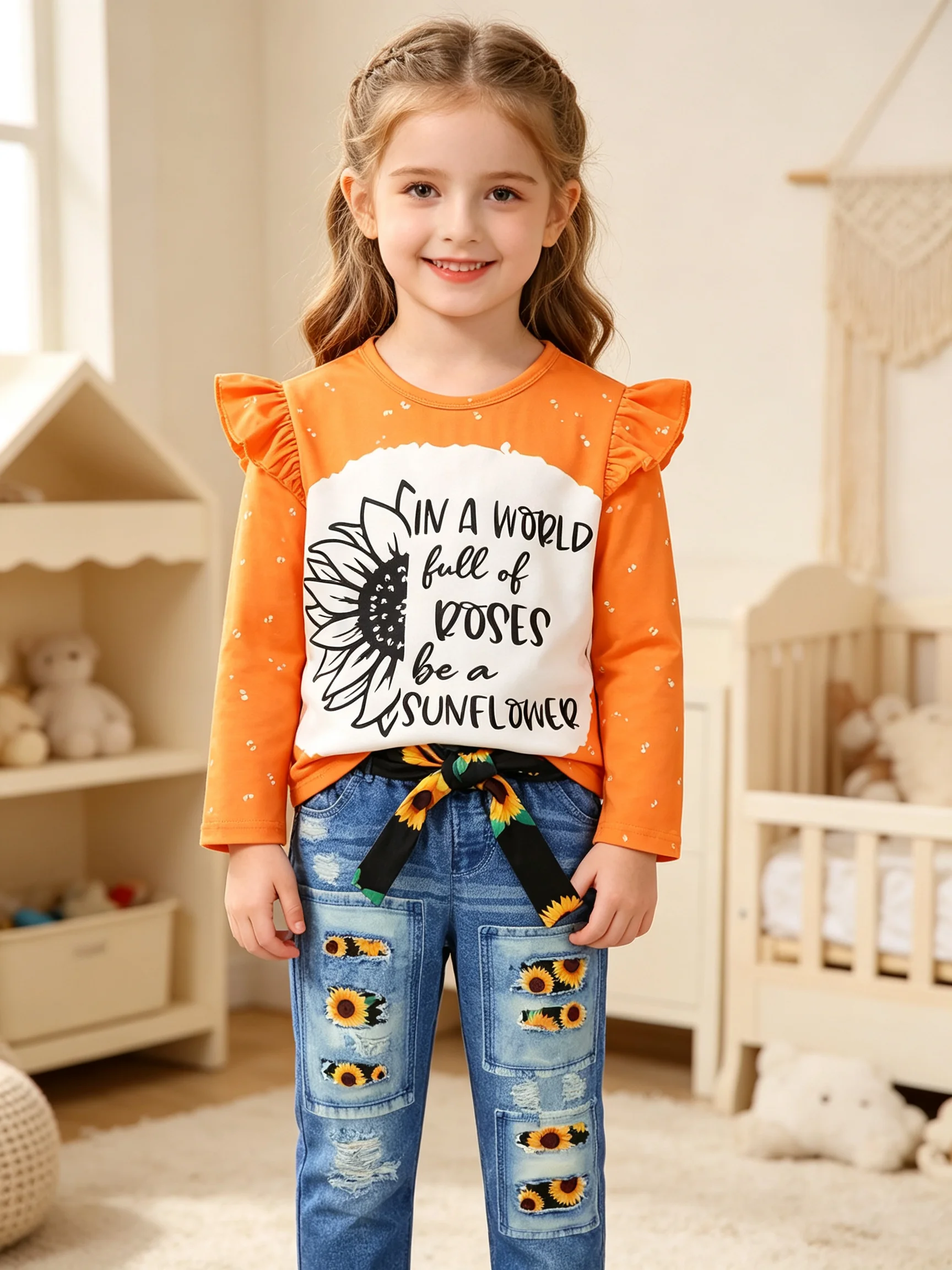 Girls' Autumn Outfit Two-Piece Set: Orange Patchwork Flutter-Sleeve Sunflower English Print Long-Sleeve T-Shirt, Ripped Faux Denim Sunflower Appliqué Pants with Decorative Belt, Outdoor Outfit Set