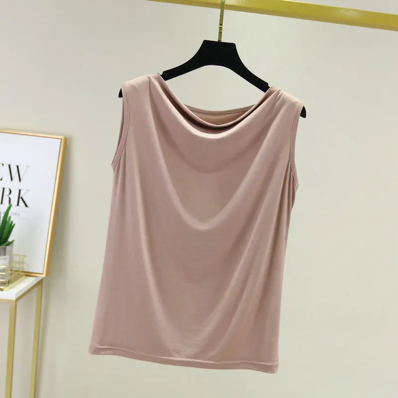 Modal Slash Neck tank tops Summer women's tee tops sleeveless solid color Ultra thin Loose bottoming Top all match