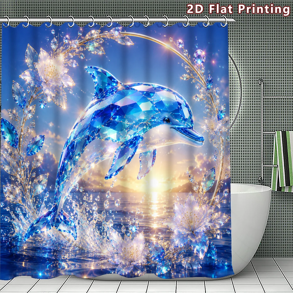 Jewel Dolphin Shower Curtain, Faceted Crystal Dolphin Surrounded by Gem Flowers, Waterproof Curtain for Home Bathroom Decor