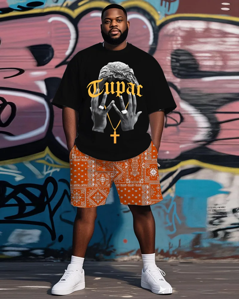 

S-9XL Men's Large Size Hip-Hop Short-Sleeved T-Shirt Shorts Two-Piece Set
