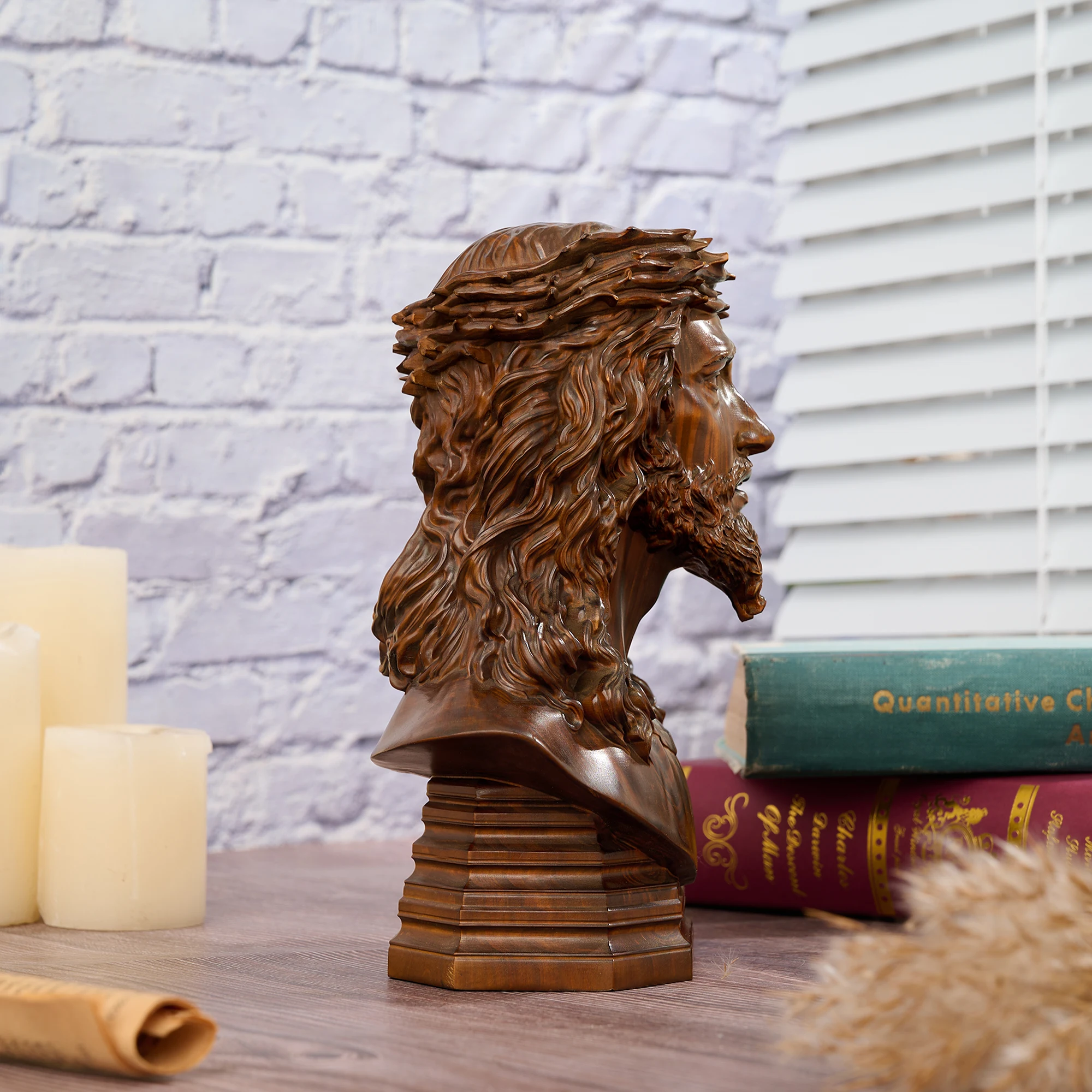 Wood Carved Jesus Christ Bust Statue Crown of Thorns Religious Sculpture Retro Wooden Head Figurine Catholic Home Altar Tabletop - view 4