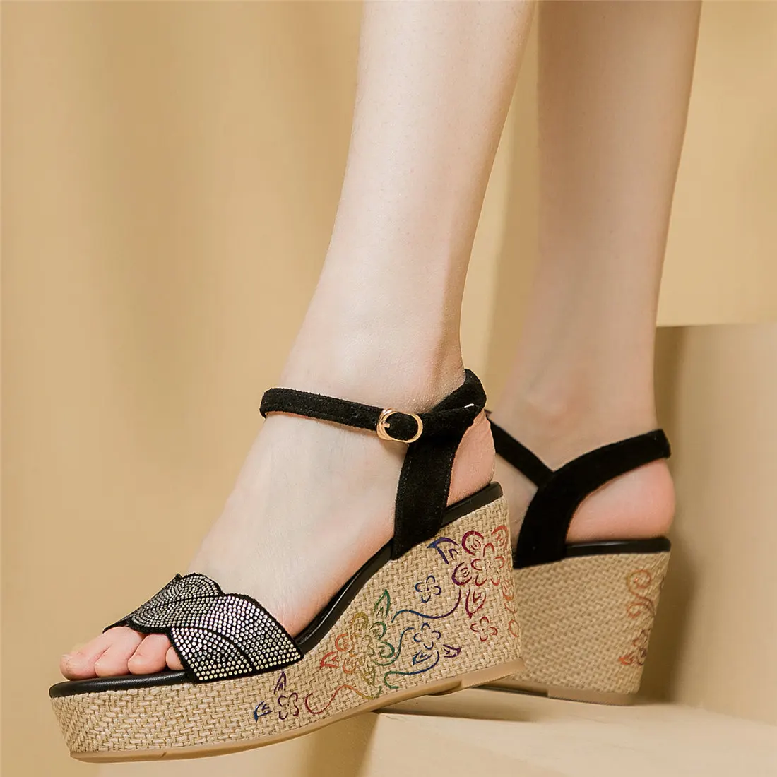 

Women Back Strap Genuine Leather Wedges High Heel Roman Gladiator Sandals Female Rhinestone Open Toe Platform Pumps Casual Shoes