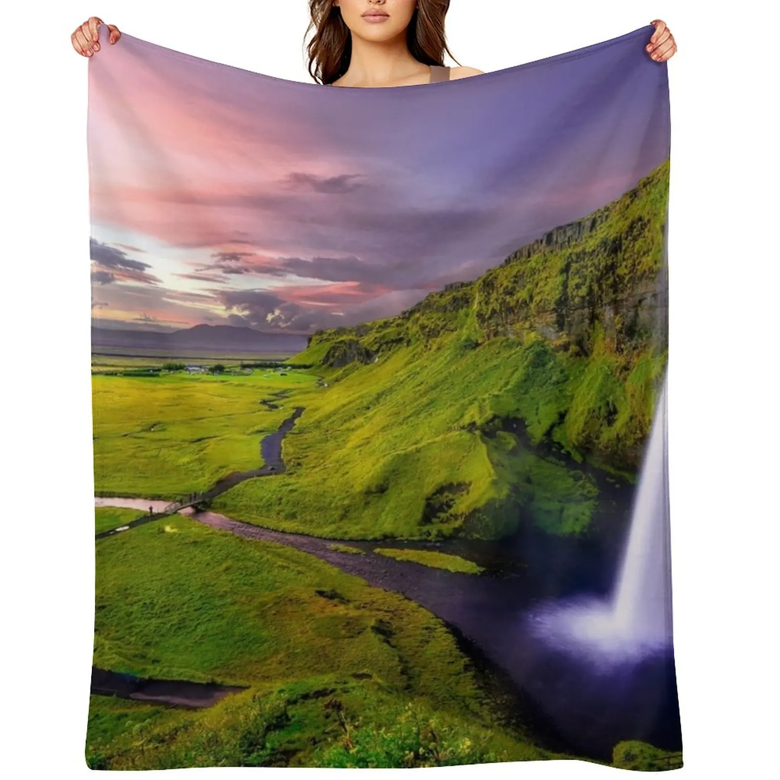 

Iceland Seljalandsfoss waterfall and surrounding green cliff landscape nature color photograph Throw Blanket