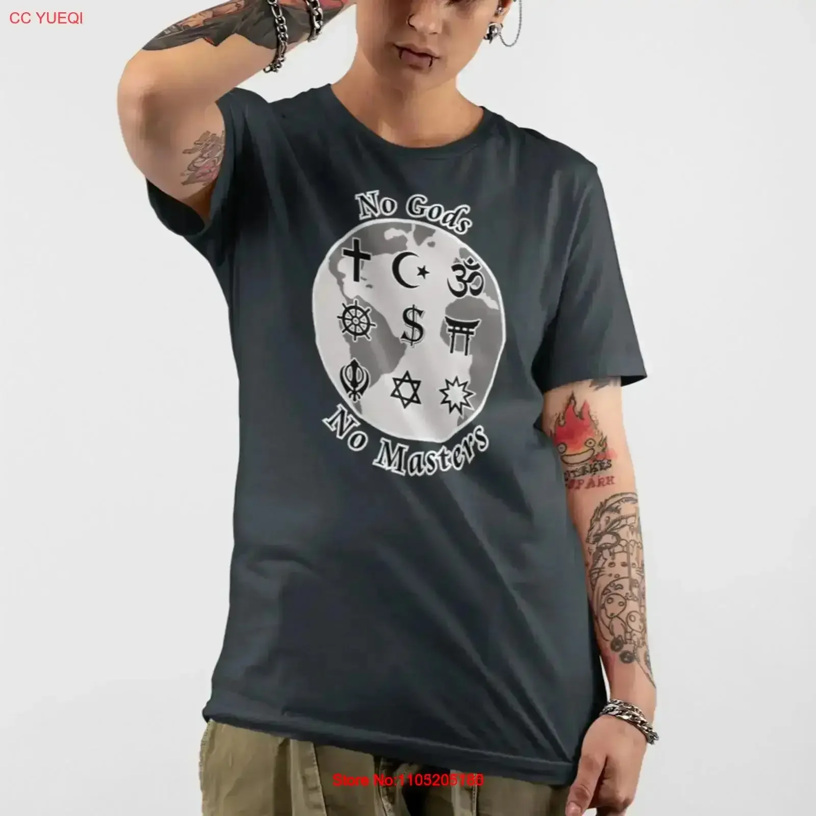 No Gods Masters Atheist World T Shirt Punk Protest Womens Softstyle vintage Washed Soft homme Breathable Slightly Stretched