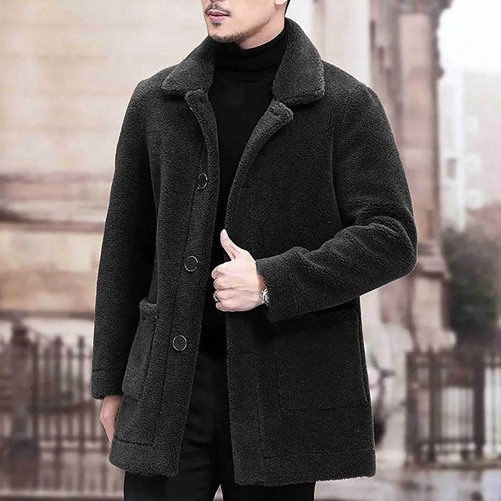 Mens Faux Fur Long Jacket Single Breasted Double-Sided Warm Overcoat Long Sleeve Leather Coats Winter Commuting style Casual