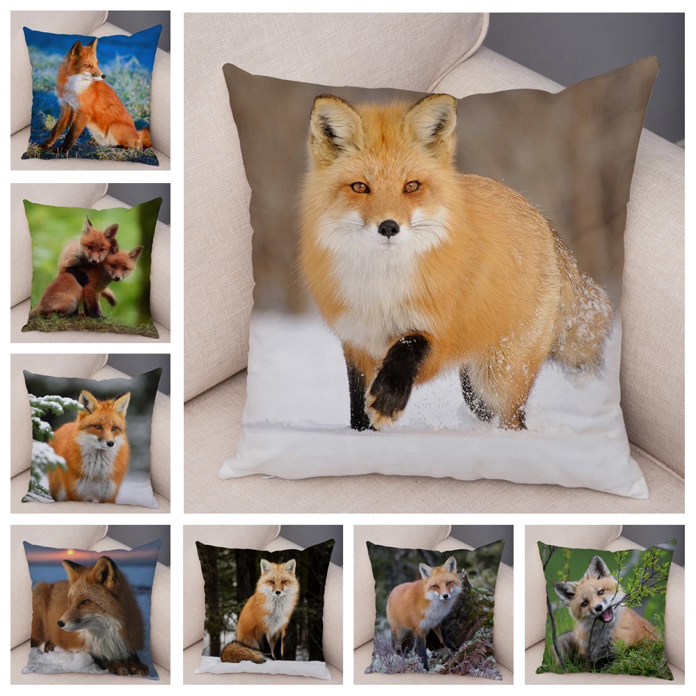 Cute Wild Fox Print Pillowcase Decorative  Animal  Polyester Cushion Cover for Sofa Home Car