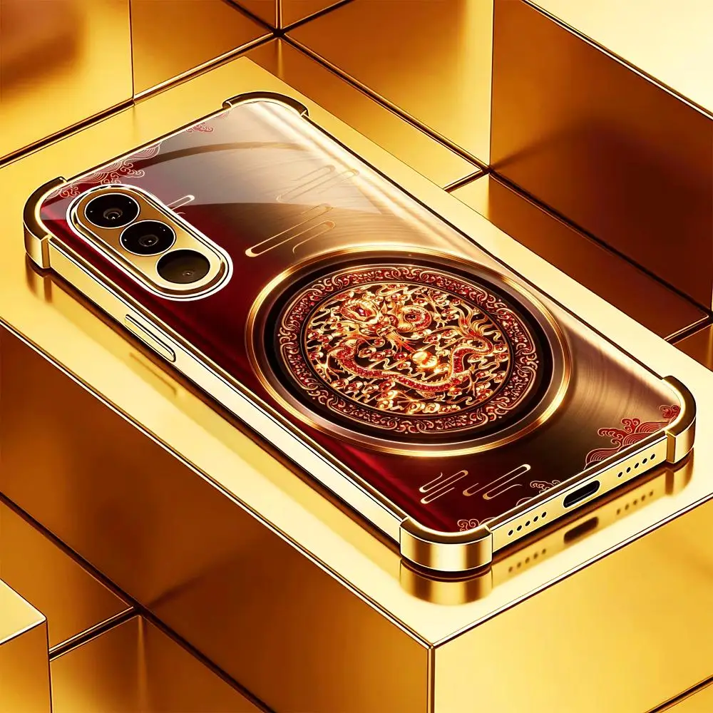 Golden Dragon Red Texture Electroplated Glass TPU PhoneCase for Samsung Galaxy S26 S25 S24 S23 S22 FE,Ultra,Plus Dropresistant