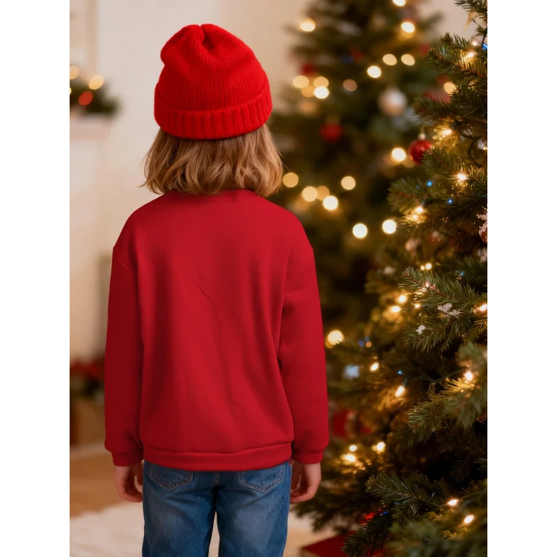 2026Girls Red Christmas Sweatshirt Children's Christmas Tree “Merry Christmas” Printed Round Neck Long Sleeve Festive Style Top