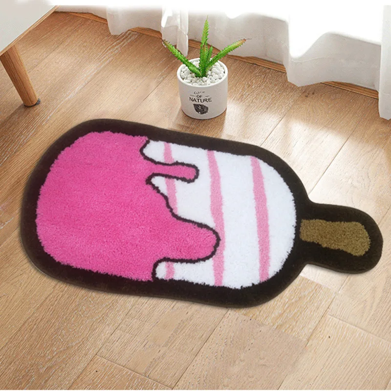 INS Tufting Bath Mat Cute Ice Cream Shape Soft Plush Rug Home Living Room Bedside Carpet Anti-slip Absorbent Floor Mat 80x40cm