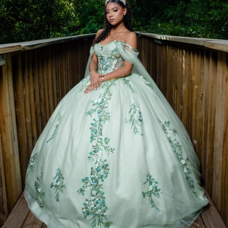 

Light Green Quinceanera Dress off-shoulder Crystal Sequins Decal Lace Long tail Bow vestidos de 15 Quinceanera ﻿Customize
