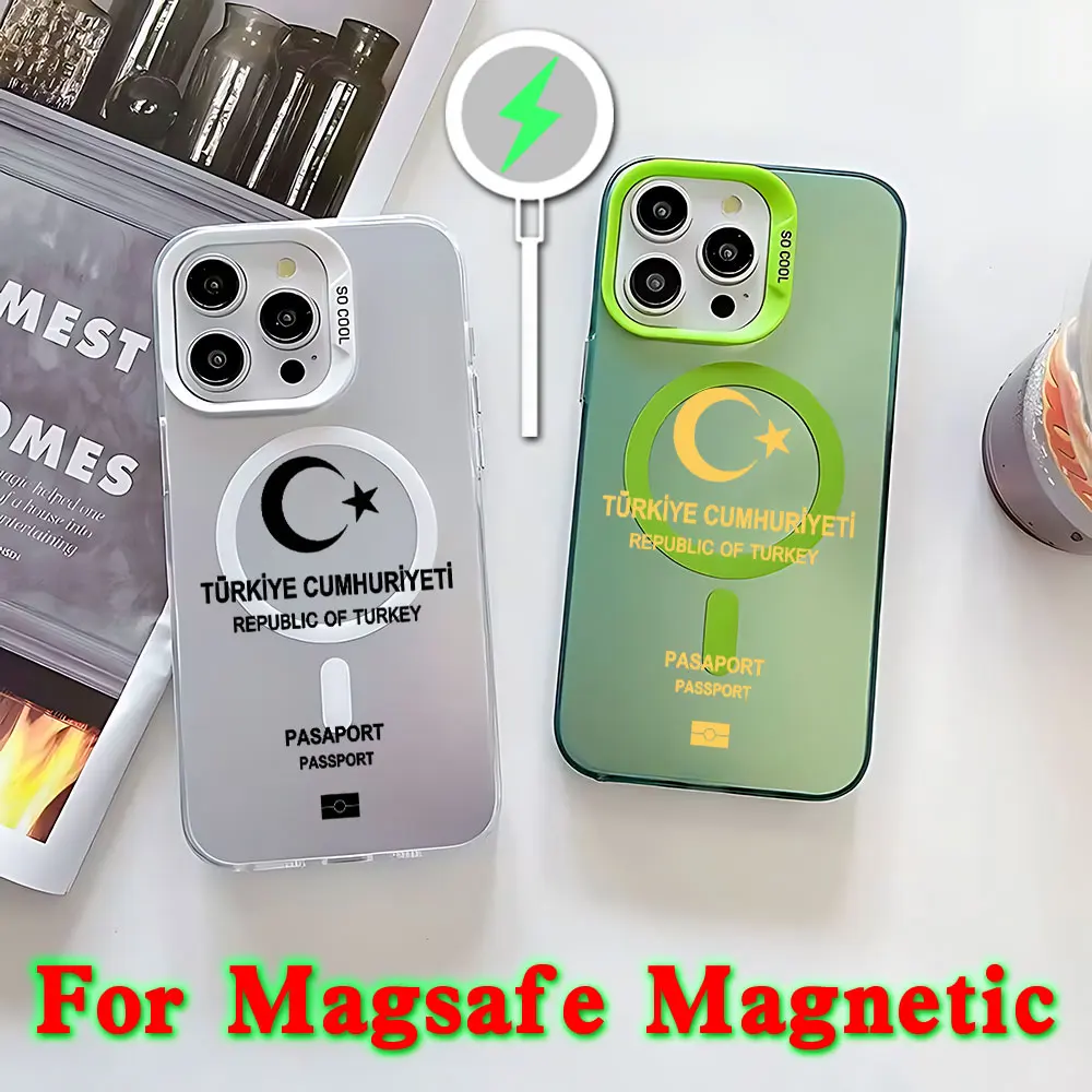 Turkey Passport Magsafe Magnetic Phone Case for IPhone 11 12 13 14 15 16 Pro Max Plus Creative Border Silver Plated Cover image 5