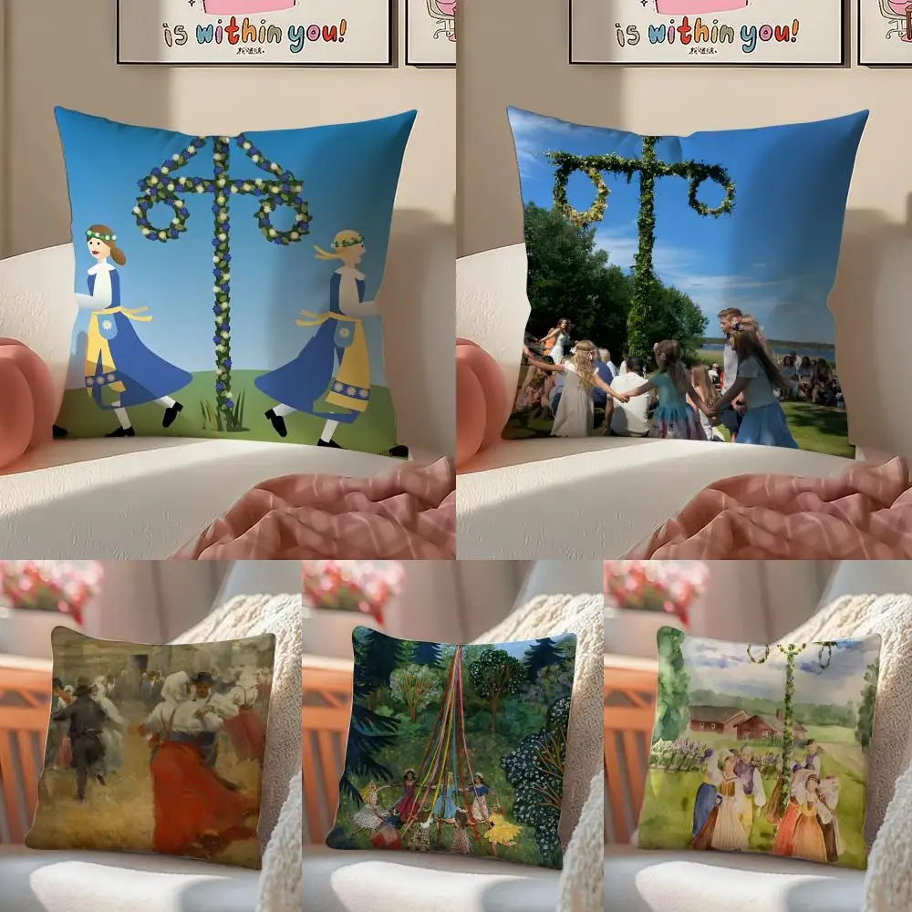 N-Nordic Midsummer Festival Cushion Cover Linen Pillowcase Cover Soft Decor for Sofa Home Room