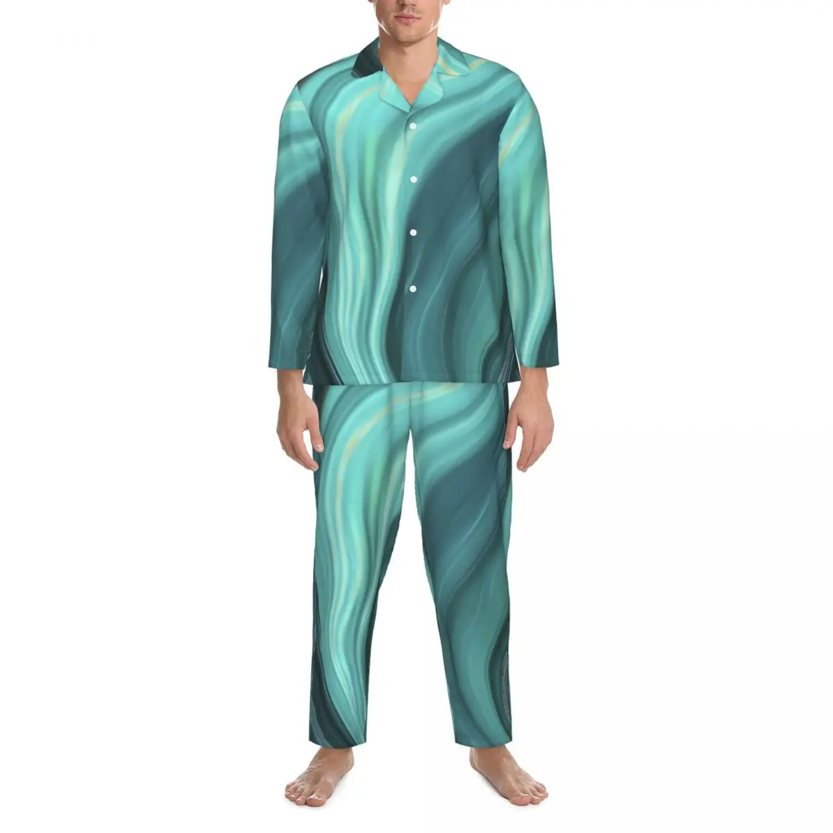 Green Marble Pajamas Set Autumn Liquid Print Cute Soft Leisure Sleepwear Men 2 Pieces Vintage Oversized Design Home Suit Present