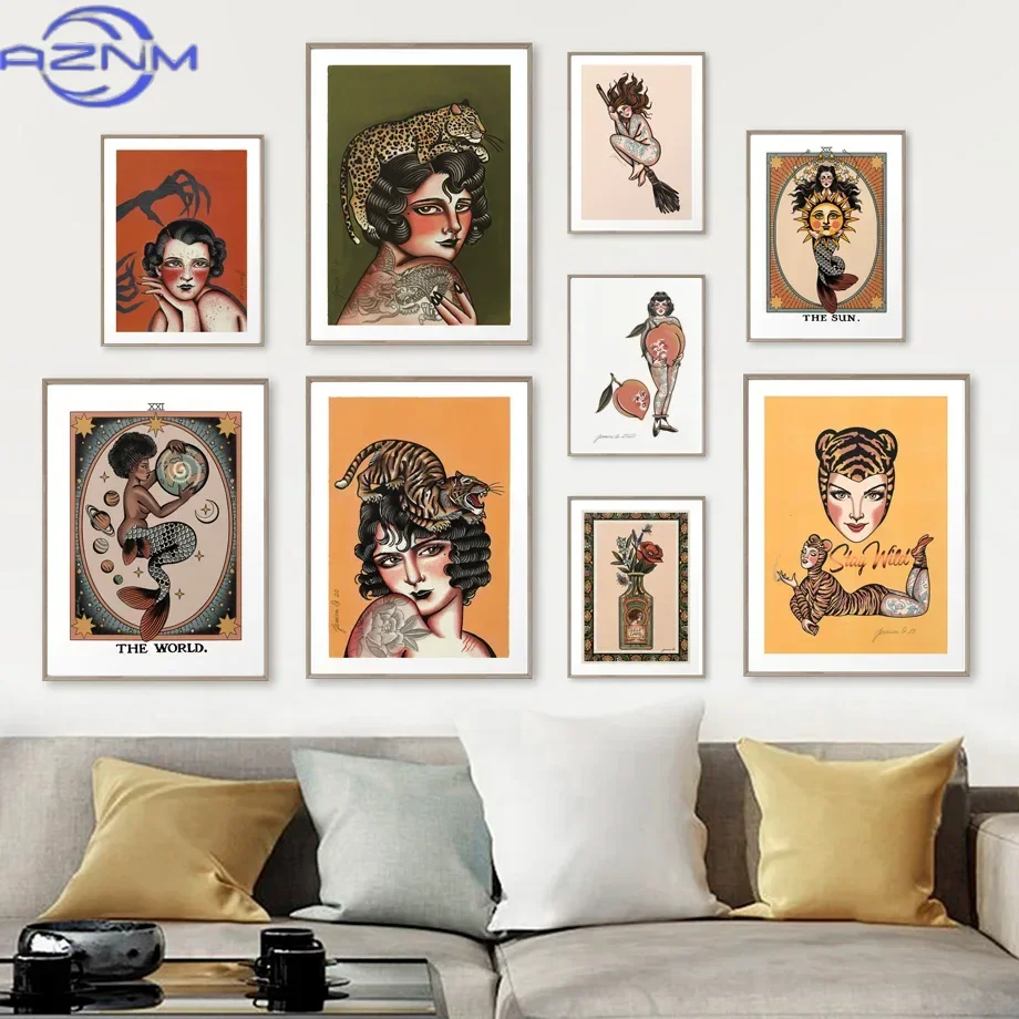 Abstract Poster Woman Tattoo Leopard Tiger Magic Claw Sun Dragon Wall Art Print Canvas Painting Decor Pictures For Living Roo