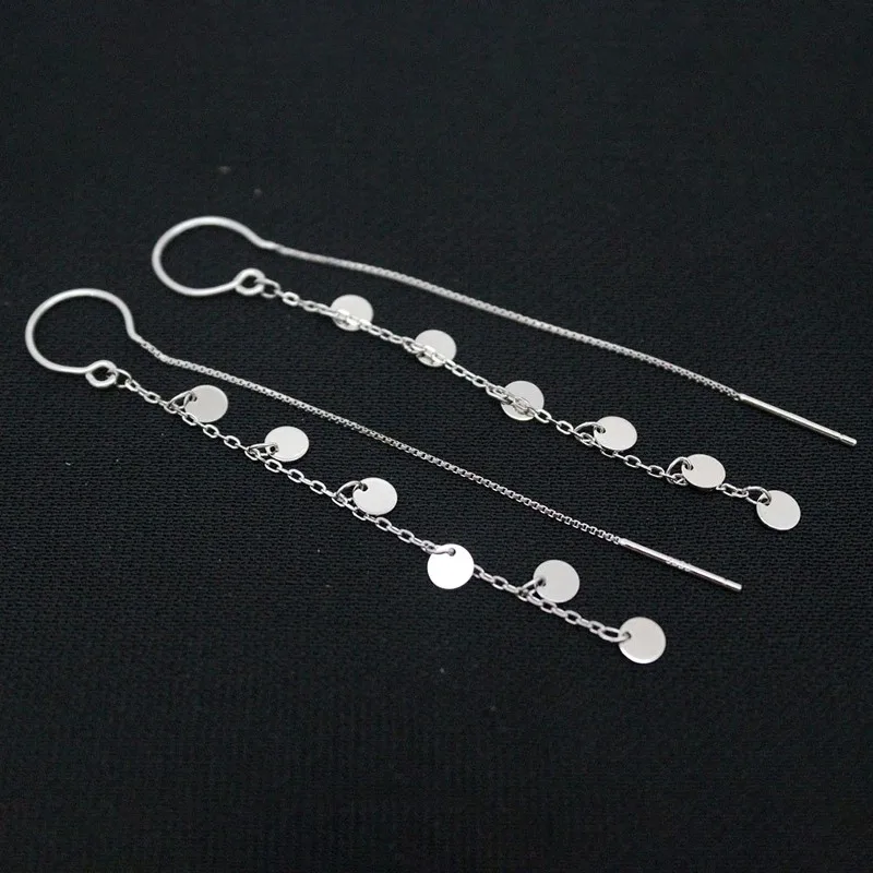 

Real Solid 925 Sterling Silver Dangle Women Lucky Round Slice Chain Tassel Earrings