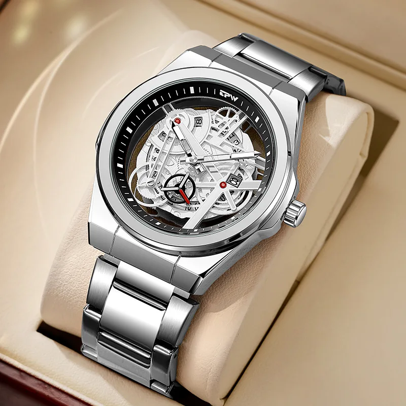 Men's Trendy Luminous Wristwatch with Hollow-Out Transparent Calendar European American Fashion Business Steel Strap Wristwatch